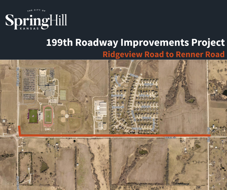 A satellite image of 199th St. with an orange line showing Ridgeview to Renner roads.